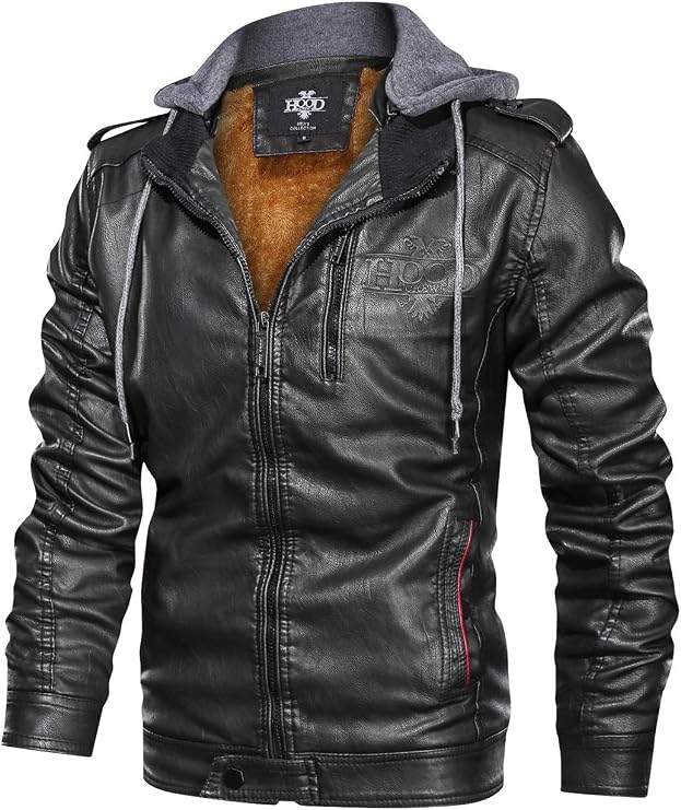 HOOD CREW Mens Black Brown Coffee Stand Collar Warm PU Faux Leather Zip-Up Motorcycle Jacket with a Removable Hood