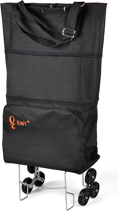 ENTCANTA Mila Model 6 Tekerli Merdiven Çıkabilen Katlanabilir Alışveriş ve Seyahat Çantası Lamine Kaplı Polyester Kumaş Siyah