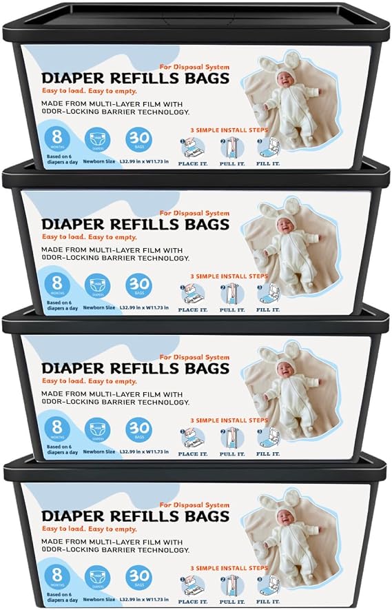 Diaper Pail Refills Bags with 30 Bags, Compatible with Genie Easy Roll Signature Diaper Pail and Platinum Diaper Pail, 7-Layer Odor-Barrier Technology, 4 Pack (120 Bag)