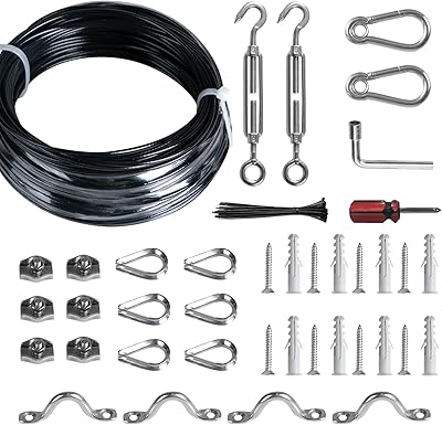 Brightown String Lights Hanging Kit for Outdoor, Includes 100Ft Stainless Steel304 Suspension Rope Cable in Black Vinyl-Coated, Turnbuckle, Thimble, Hooks. Heavy Duty and Easy to Install