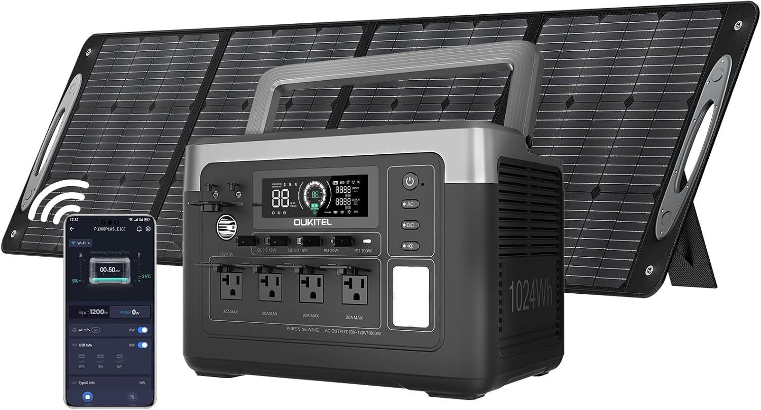 OUKITEL P1000 PLUS 1800W Power Station with 200W Solar Panel, 1024Wh Solar Generator 1200W Fast Charging APP Control Emergency LiFePO4 Battery for Home Backup Camping RVs