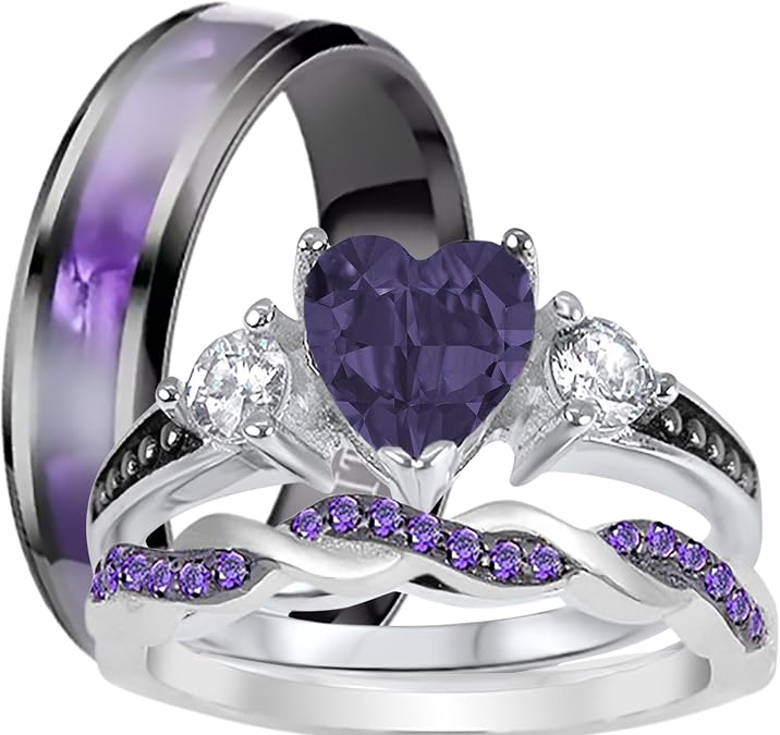 His and Hers Wedding Set TRIO CZ Wedding Ring Set 3 PCS Him Her Bride Groom Couples Rings