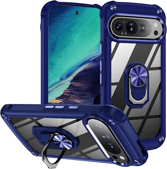 for Google Pixel 9 Pro XL Case Military Grade Pixel 9 Pro XL 6.8 Transparent Phone Case Rugged Shockproof Heavy Duty Protective Cover Kickstand Magnetic Ring Holder for Google 9 Pro XL-Blue