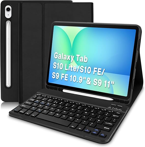 Keyboard Case for Samsung Galaxy Tab S10 FE / S10 Lite 10.9" 2025 / S9 FE, Multi-Angle Stand Soft Cover with Detachable Wireless Keyboard for Samsung Galaxy Tab S9 11" UK Layout, Black