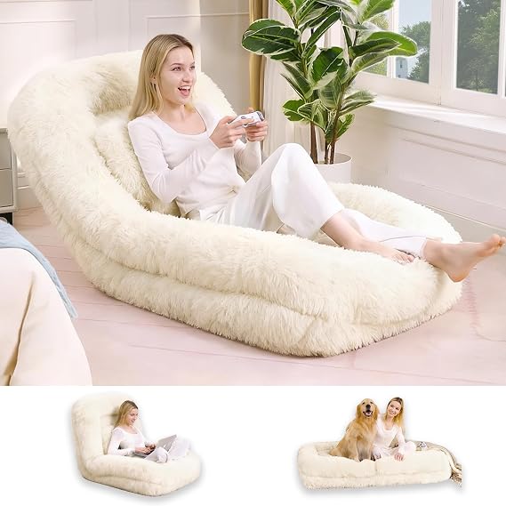Human Dog Bed, Fluffy Floor Chair with Back Support, Cream Beige