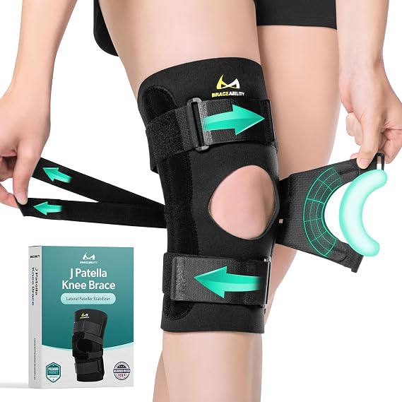BraceAbility J Patella Knee Brace - Lateral Patellar Stabilizer with Medial and J-Lat Support Straps for Dislocation, Subluxation, Patellofemoral Pain, Left or Right Kneecap Tracking (Small)