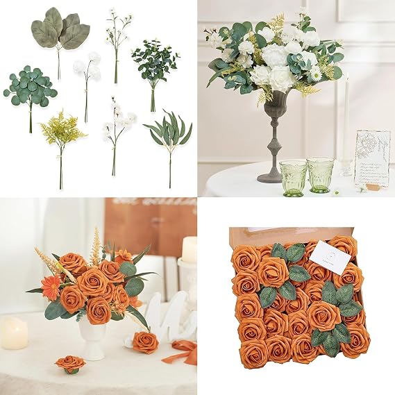 TINGE TIME 66PCS Artificial Flowers/Greenery Stems for Home Decor (Burnt Orange & Fresh Green)
