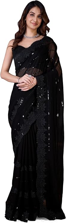 TRENDMALLS Women's Georgette Sequence Embroidery Saree with Unstitch Blouse Piece