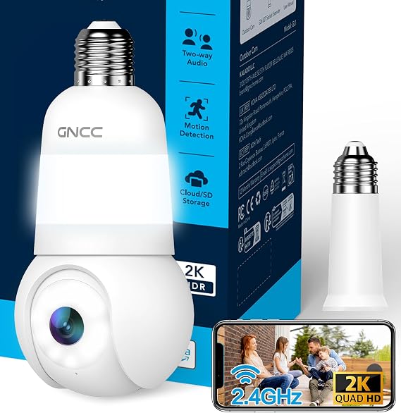 GNCC 2K Light Bulb Security Camera, 2.4G WiFi, Cloud Subscription Required | Easy Install, 350 Pan-Tilt, Motion Detect, 2-Way Audio, Color Night Vision, Light Bulb Timer, Dual Flexible Storage Options