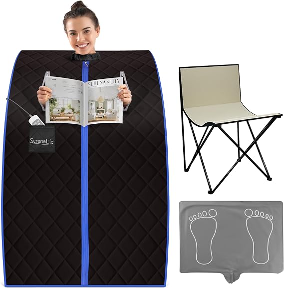 SereneLife Portable Sauna Box for Home, Infrared Sauna Tent with Heated Foot Pad and Folding Chair, Remote Control In-Home Spa, 38" x 32
