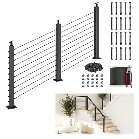 8FT-16FT 36" Stair Railing Post Kits(Post 35"x2"x2"), Adjustable Top Stair Cable Post System Includes 3Pack Stair Posts, 200FT Wire Rope, Black Swageless Cable Railing Kit(No Handrail), RG32