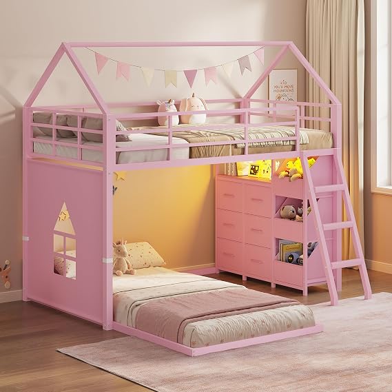 DICTAC Low Bunk Bed Twin Over Twin with 6 Storage Drawers & 3 Bins,House Floor Bunk Beds for Girls with LED Lights,Montessori Kids L-Shaped Bunk Bed with 13.4" Safety Guardrail & Inclined Stairs,Pink