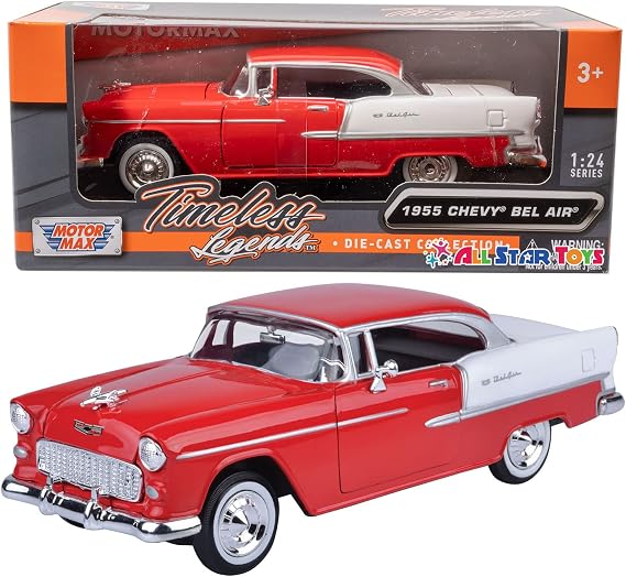 1955 Chevy Bel Air, Red, 1/24 Scale Diecast Model Toy Car Motormax 73229