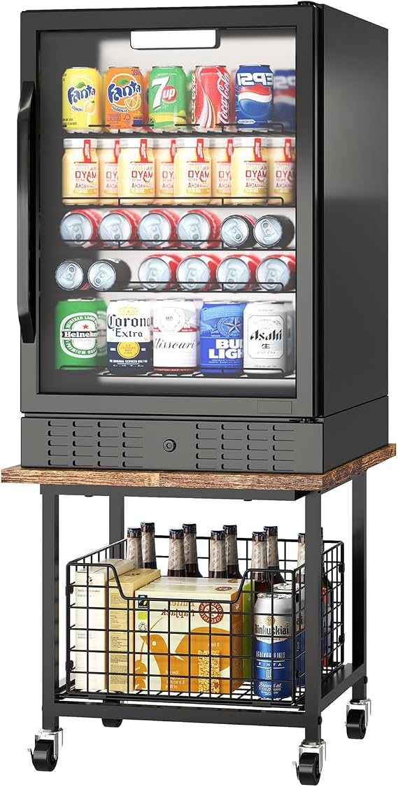 Mini Fridge Stand with Storage, Small Refrigerator Stand with Wheels, Rolling Mini Fridge Cart-Max Load 300 LBS Heavy Microwave Printer Stand Utility Cart for Dorm, Apartment, Kitchen, Office (Brown)