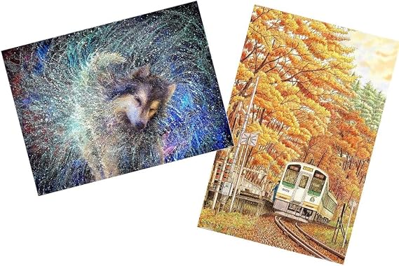 Pintoo - Two Plastic Jigsaw Puzzles Bundle - 1200 Piece - Iris Scott - Shaking Husky and 600 Piece - Tadashi Matsumoto - Autumn Romance [H3212+H2400]