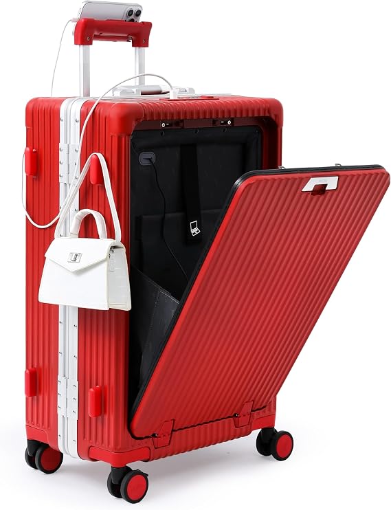 Nobl Travel Zipperless Check in Suitcase, Medium, Aluminum Frame, TSA Locks | Polycarbonate Shell, 360 Spinner Wheels, Airline Approved, 27x17.5x10.4 Check in Luggage, Cherry Red