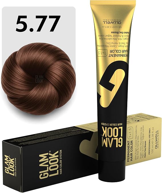 GLAMLOOK Kalıcı Saç Boyası | 5.77 Yoğun Açık Kahve | Koruyucu, nemlendirici, besleyici yağlar, düşük amonyak seviyesi, profesyonel 79 renk