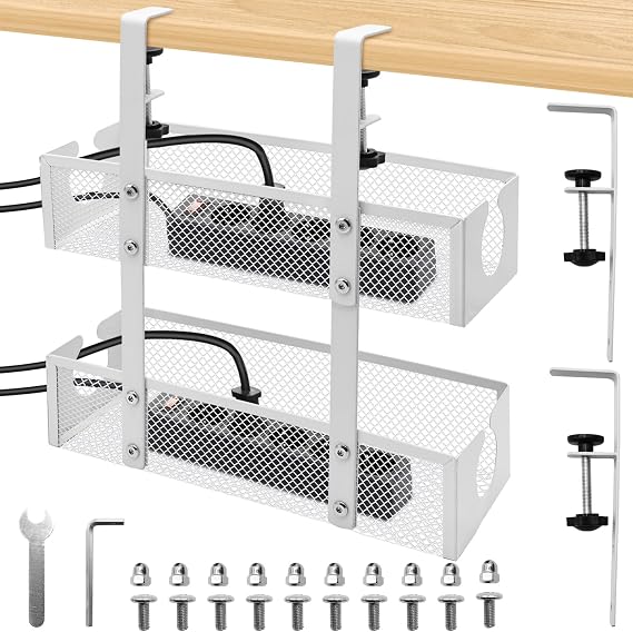 Two Layer Under Desk Cable Management Tray, Desk PC Cable Tidy Box with Clamp Mount, Adjustable Height Wire Management Tray, Wire Hider for Cables Side Opening Design for Home Office, White