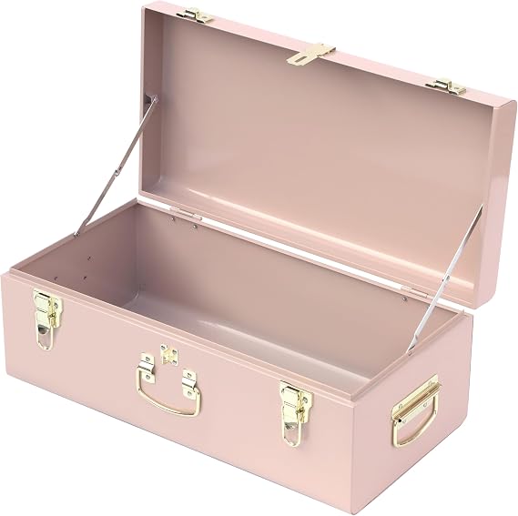 HofferRuffer Metal Storage Trunk with Lockable Lid & Handles, 52.1 × 26.2 × 20.1 Heavy Duty Storage Chest for Bedroom, Living Room, Bedding, Blankets and Toys, Pink(Small)