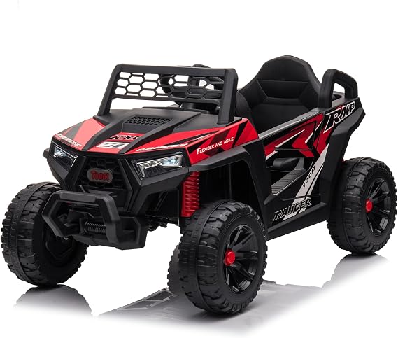 TOBBI 12V Kids Ride On Car Toy, Toddlers Electric Off-Road Truck, Battery-Powered 4 Wheels Vehicle to Drive with 25W Dual Motors/Safety Belt/Horn/Music & LED for Chirdren Aged 3-6 Years-Red