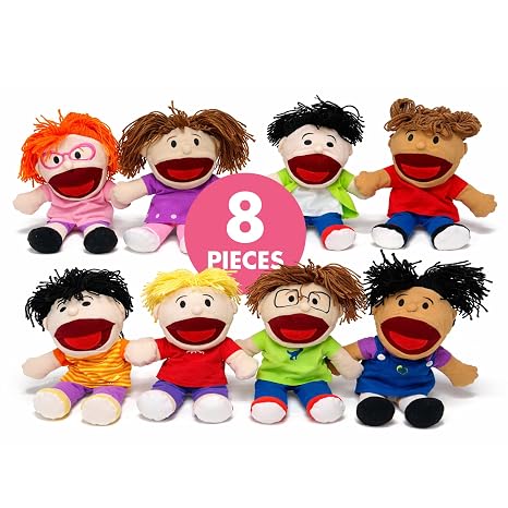 Podzly Hand Puppets for Kids 8 Pack Plush Multicultural Puppets with Movable Mouth, Fun & Colorful Puppet Set for Storytelling, Classroom & Pretend Play Educational Toys for Learning & Laughter