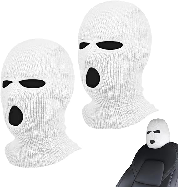 2Pcs Car Headrest Covers, Knitted Balaclava Style Seat Headrest Covers, Funny Car Accessories for Front Seat Headrests, White