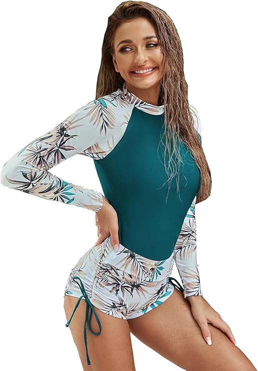 Women's Long Sleeves Rash Guard Athletic Swim Aztec Tankini Sets Swimsuit