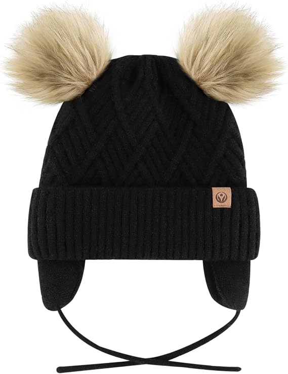 Toddler Winter Hat, Earflap Fleece Lined Pom Pom Beanie Kids 1-12T