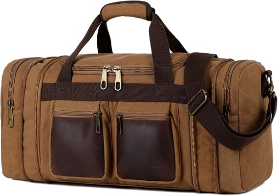 Baosha Real Leather Canvas Travel Duffel Weekender Bag Carry on Overnight Bag Sports Duffel bag Waterproof For men HB-21 (Brown)