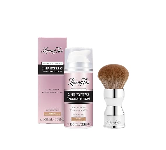 Loving Tan NEW 2 HR Express Self Tanning Body Lotion, Medium - Hydrating Natural-Looking Glow Sunless Self Tanner + Flawless Blending Brush - Streak-Free Application, Ultra-Soft Vegan Bristles