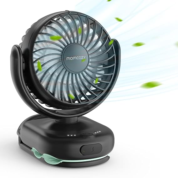 Momcozy Portable Stroller Fan with Clip, 4-Speed Mini Cooling Fan, 0.26 Lb | Ultra-Light Rechargeable Design, Gaps 4.5 mm, Rotating Handheld Cooling for Carriers, Backpacks and Tables