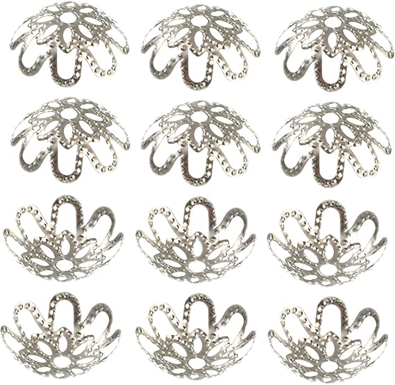 500PCS 10mm Gold Tone Flower Bead Caps Hollow Flower Bead Caps for Jewelry Making (White k)