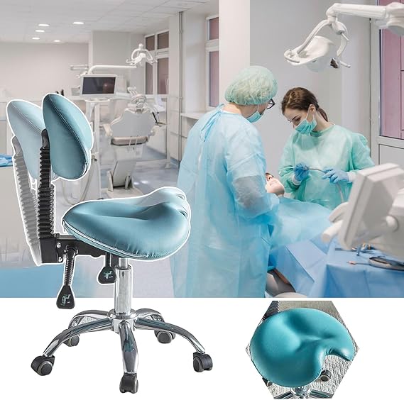 Dental Hygiene Saddle Chair with Back Support, Blue Ergonomic Saddle Stool 23 24 25 Inch Height Adjustable, 360 Swivel Rolling Stools Comfort Seat