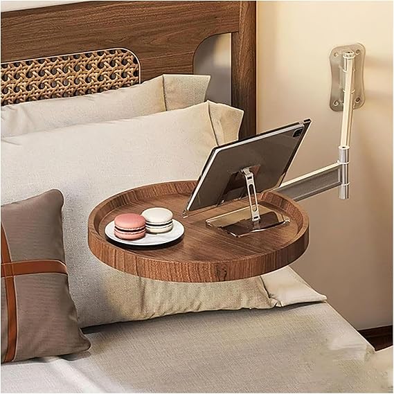 Folding Wall Tray,Table Mounted Small Round Tray,720 Rotation Fold Down Side-Desk,Extendable Space Saving Dining Floating Side Extender Shelf,for Bedside Home Kitchen Bedroom(Color:Brown)