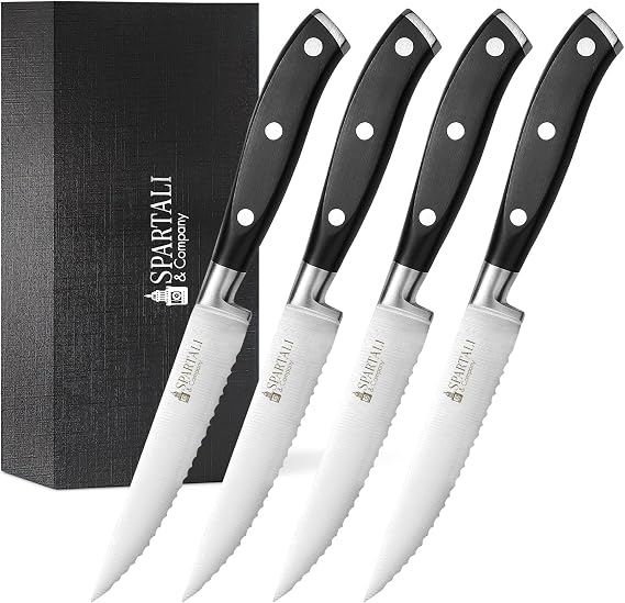 Spartali & Company Premium 4.5-Inch Steak Knife Set of 4 Serrated Stainless Steel Blades with Ergonomic Handles Razor-Sharp Cutlery for Effortless Meat Slicing Dishwasher Safe, Rust-Resistant.
