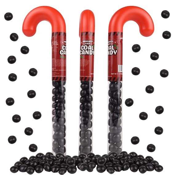 Naughty List Coal Candy Canes, Funny Christmas Stocking Stuffer Gag Gifts, Strawberry Flavored Chewy Treats, 1.41 Ounces (Pack of 3)