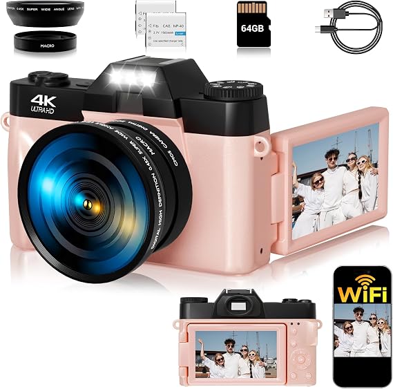 Vlogging Camera, 4K 48MP Digital Camera for Photography, 16X Digital Zoom, Vlogging Camera for YouTube with180 Degree Flip Screen, Wide Angle Lens, 2 Batteries and 64GB Micro SD Card (Pink)