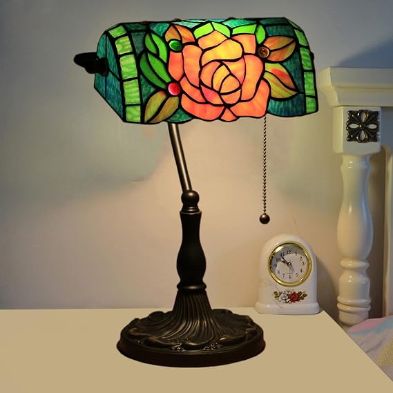 Banker Lamp, Bankers Lamps for Desk,Banker Desk Lamp,Tiffany Bankers Lamp, Stained Glass Lamp, Humming Bird Flower Rose Butterfly Pattern Coloured Glass Lampshade Alloy Base,Red Rose