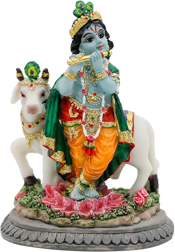 alikiki Hindu Idol Lord Krishna Statue- 3.7H Handmade Standing Krishna Murti Playing Flute with Cow for Home Office Mandir Temple Altar Shrine Pooja Item Diwali Puja Gifts