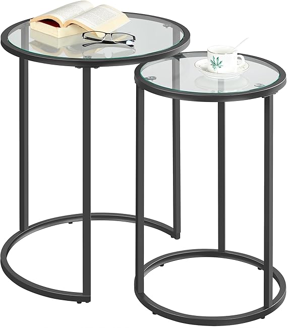 Yaheetech Round Nesting Side Tables Set of 2 with Tempered Glass Top, Black