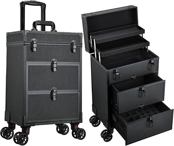Yueieoun Rolling Makeup Train Case with 2 Extra Large Drawers Nail Organizer Case with Wheels Traveling Cosmetology Case with 2 Trays for Beauty Artist Nail Salon Sewing Cart Black, Black