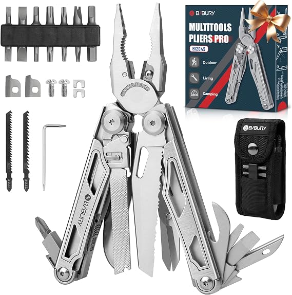 BIBURY Multitool Pliers with 440A Knife & Full Size Scissors, BI2045 | 31-in-1 Multi Tool with Replaceable Wire Cutters, Self-locking EDC Tool with Sheath, Ideal for Outdoor, DIY, Gift for Men