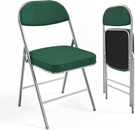 VINGLI 2 Pack Folding Chairs with Padded Seat & Backrest, Metal Frame, Durable Corduroy Fabric, 350 lbs Capacity, Set of 2, Olive Green Ideal for Weddings, Parties, Office Events