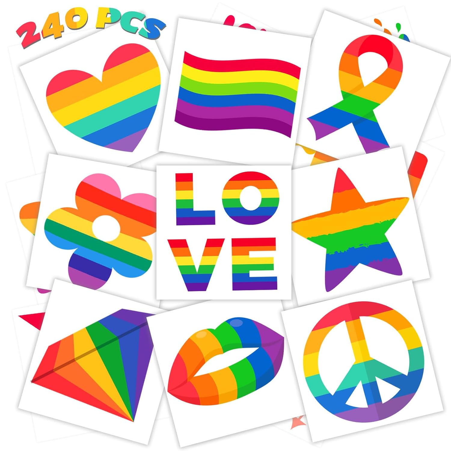 winthrop 240 Pcs LGBT Rainbow Flag Pride Temporary Tattoos, Individually Wrapped Safety Waterproof Tattoos, Best Choice for Pride Month Gay Birthday Party, 60 Designs