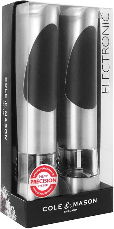 Cole & Mason Richmond Electronic Salt & Pepper Mill Gift Set - One-Button Electric Spice Grinder with Large Grinding Chamber - Requires 6 AAA Batteries - Hand Wash Kitchen Tool - Stainless Steel | One-Button Electric Spice Grinder with Large Grinding Chamber, Requires 6 AAA Batteries, Hand Wash