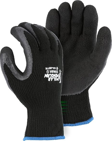 Majestic Polar Penguin Winter Lined Napped Terry Glove with Foam Latex Dipped Palm | 1 Dozen - XL | ANSI A2, Heavyweight Glove, Black | for Automotive, Industrial, Manufacturing | 3396BK
