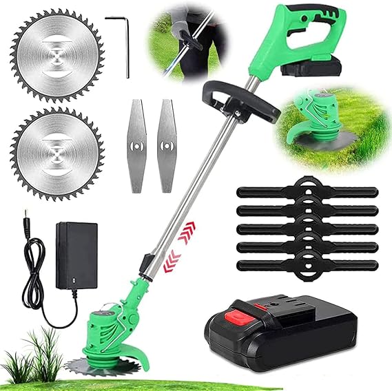 Cordless Lawn Mower Garden Strimmer Edger Battery Powered Weed Electric String Trimmer Edger with 3-in-1 Lawn Edge Trimmer Three Kinds Spare Blades, 95-125Cm Telescopic Rod,A,1 Battery