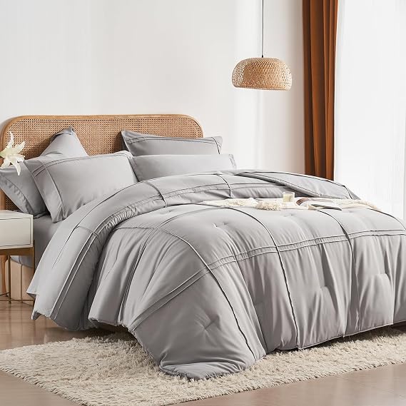 Queen Comforter Set 7 Piece Bed in a Bag,Grid Pinch Pleat Grey Bedding Set,Striped Textured Soft Microfiber Comforter with Sheet Set,All Season Complete Bed Set(Grey,Queen)