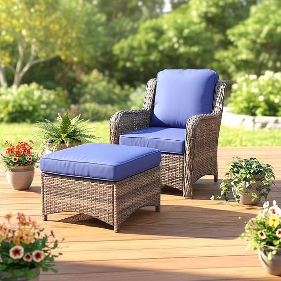 2 Pieces Patio Wicker Furniture Set, High Back Wicker Single Patio Chair Set with Ottoman, Outdoor Porch Chair with Thick Cushion for Balcony Deck Yard and Porch, Blue