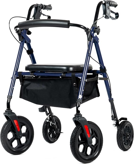 ELENKER All Terrain Rollator Walker for Seniors with 10 Wheels, Sponge Padded Seat and Backrest, Fully Adjustment Frame, Blue